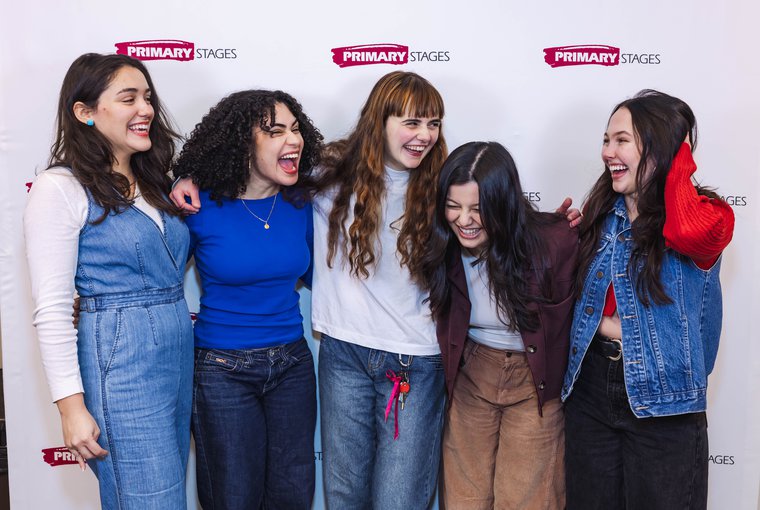 The cast of CALF SCRAMBLE: Gabriela Veciana, Marvelyn Ramirez, Maaike Laanstra-Corn, Elisa Tarquinio, and Ferin Bergen. Photo by Rebecca J. Michelson.